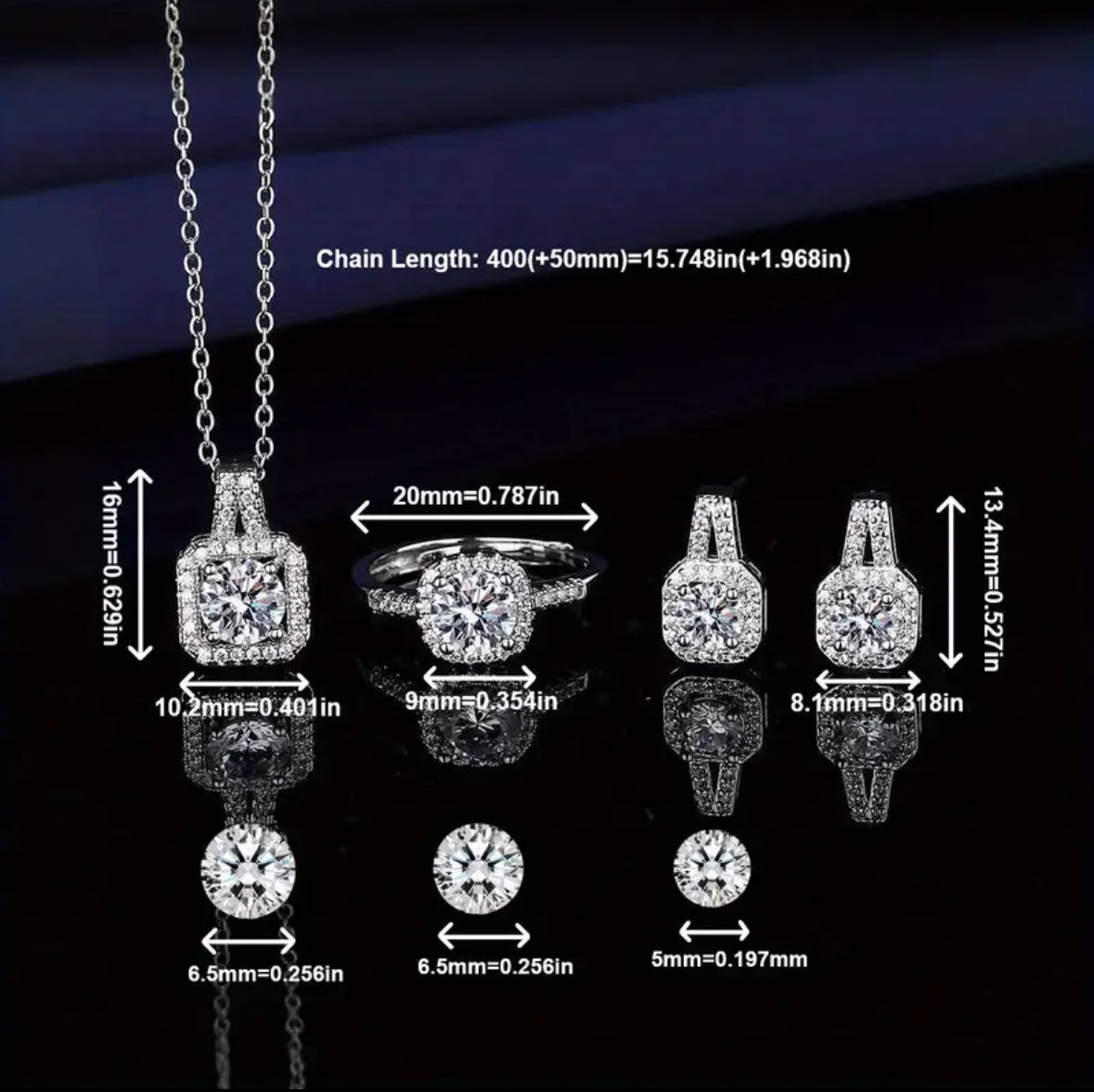 Luxury Square Zircon Crystal Earring, Necklace & Ring
