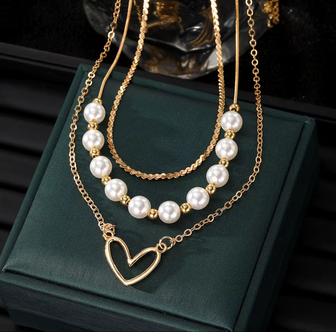 Elegant 3-Layer Necklace with Faux Pearl & Hollow Heart Design