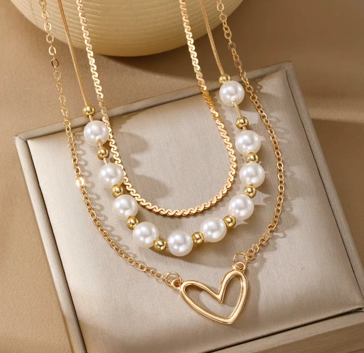 Elegant 3-Layer Necklace with Faux Pearl & Hollow Heart Design