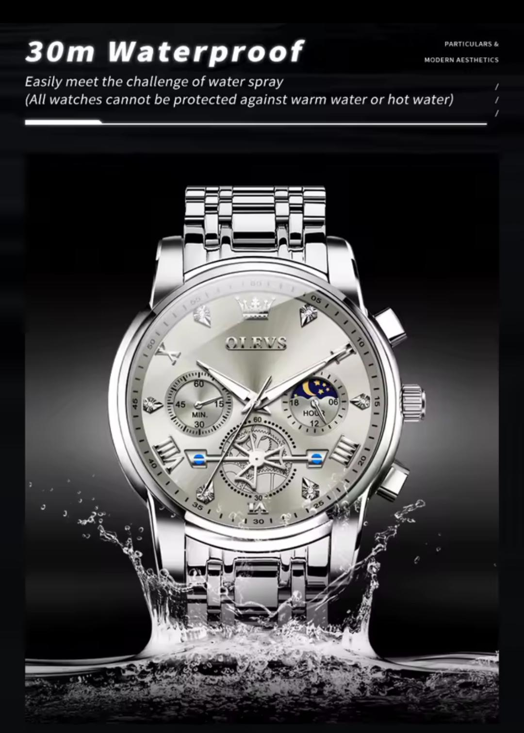 OLEVS 2856 Watches for Men, 24 Hour Moon Phase Chronograph Waterproof Luminous Multifunction Original Luxury Quartz Wristwatch