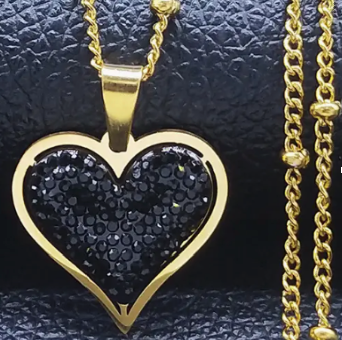 18K Golden Plated Heart Pendant Necklace with BLACK Rhinestone Accents