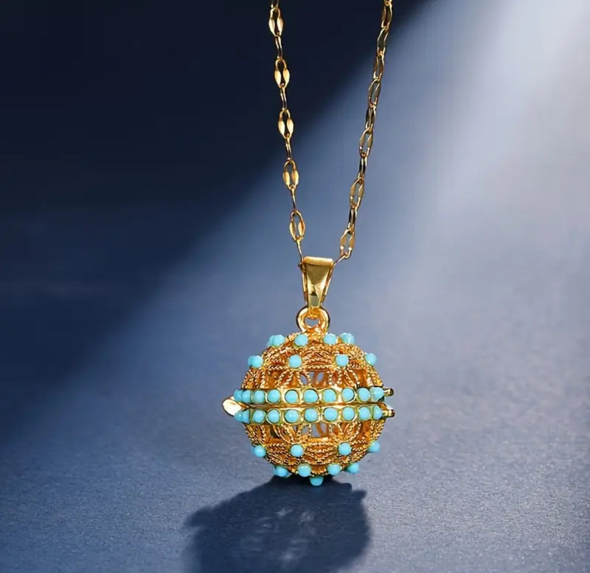 Vintage-Inspired Copper Filigree Sphere Pendant Necklace with Turquoise Accents
