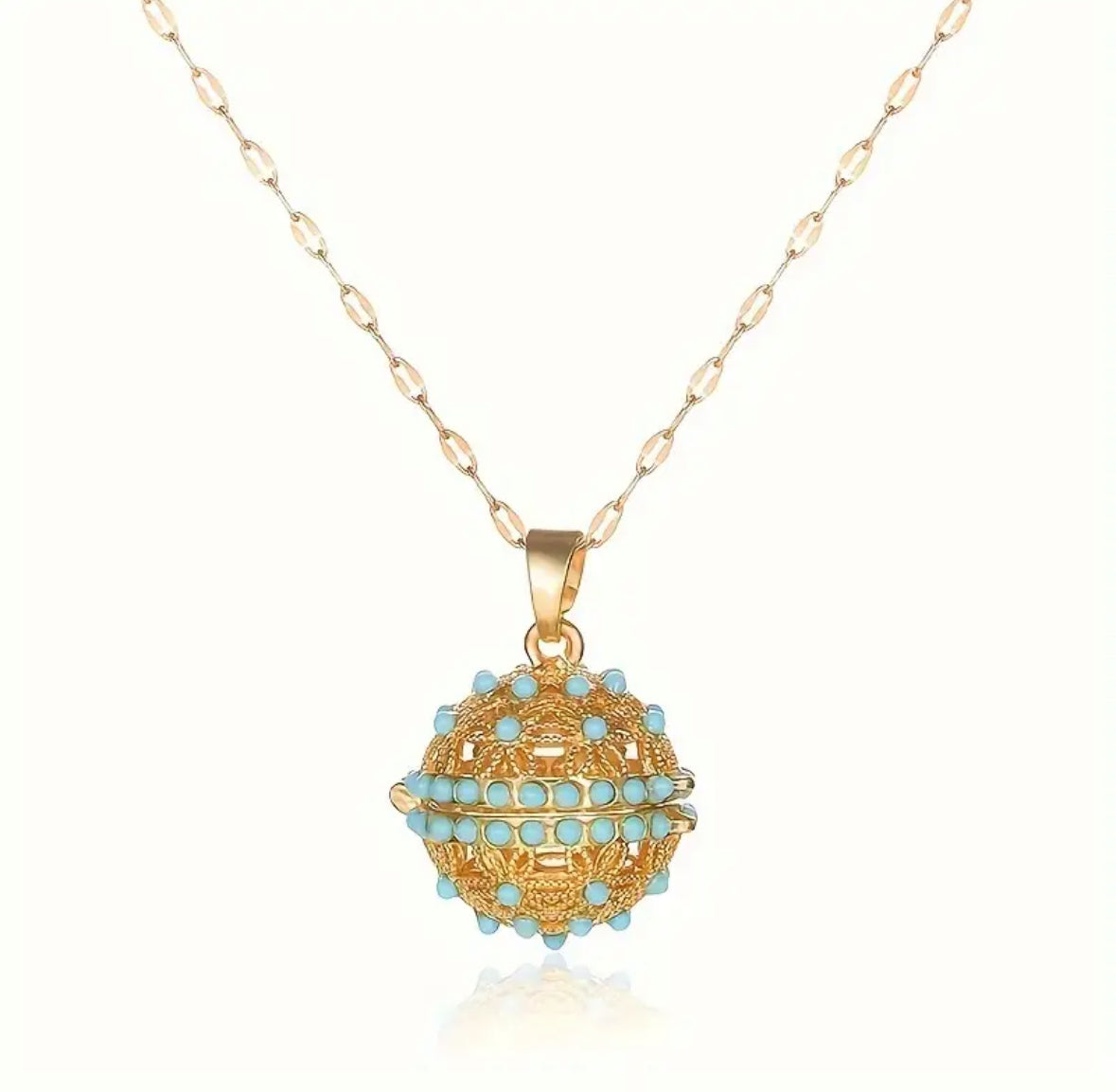 Vintage-Inspired Copper Filigree Sphere Pendant Necklace with Turquoise Accents