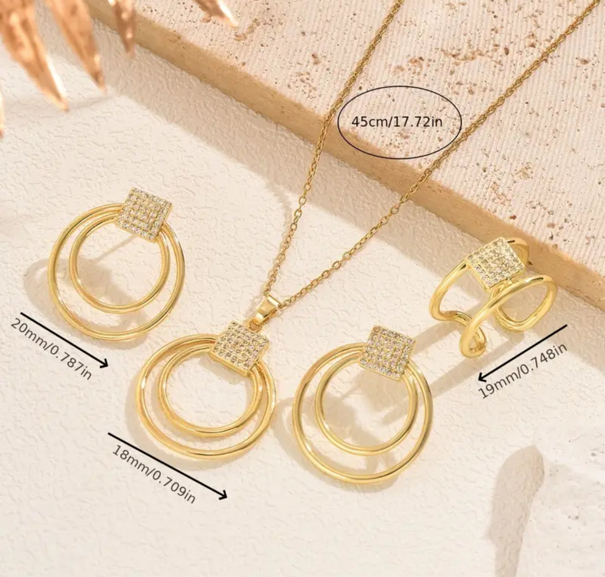 Golden Jewelry Necklace, Earring & Ring Set