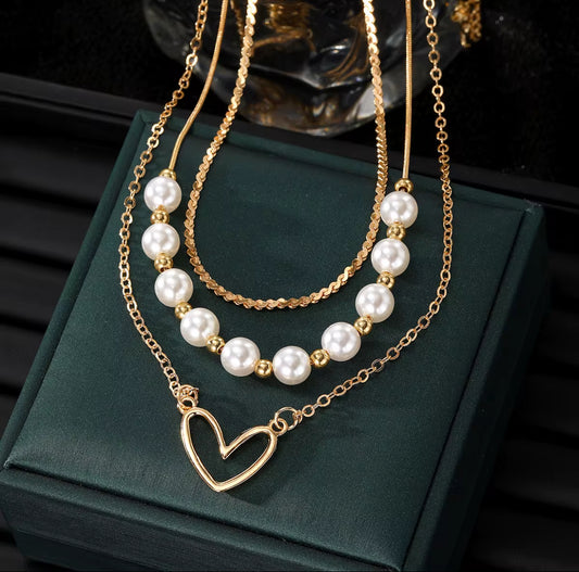 Elegant 3-Layer Necklace with Faux Pearl & Hollow Heart Design