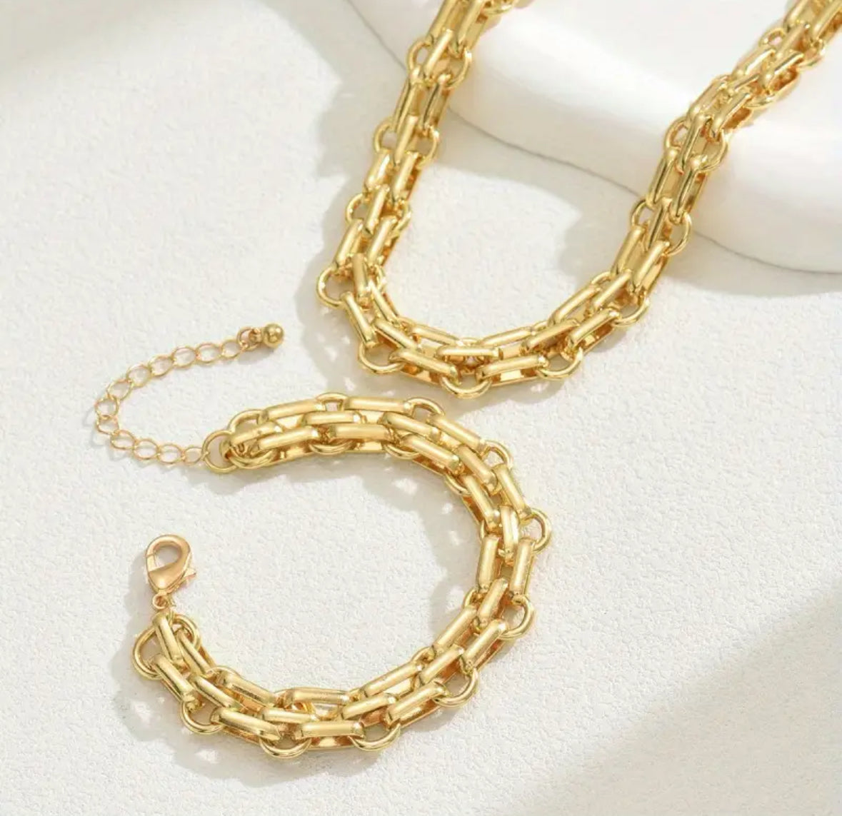 2 PCS Set Gold Color Link Chain Necklace Bracelet Set