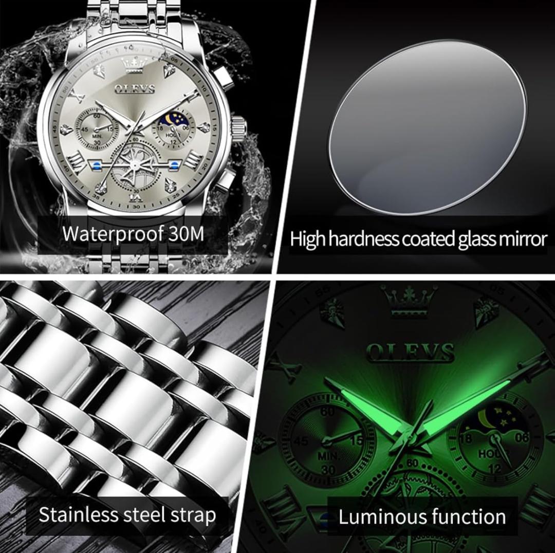 OLEVS 2856 Watches for Men, 24 Hour Moon Phase Chronograph Waterproof Luminous Multifunction Original Luxury Quartz Wristwatch