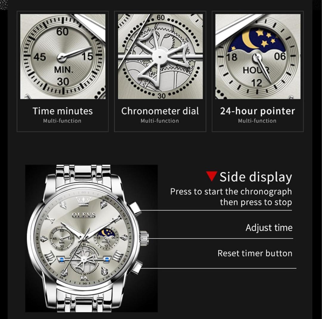 OLEVS 2856 Watches for Men, 24 Hour Moon Phase Chronograph Waterproof Luminous Multifunction Original Luxury Quartz Wristwatch