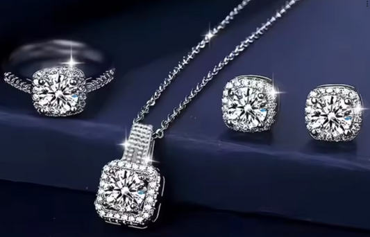 Luxury Square Zircon Crystal Earring, Necklace & Ring