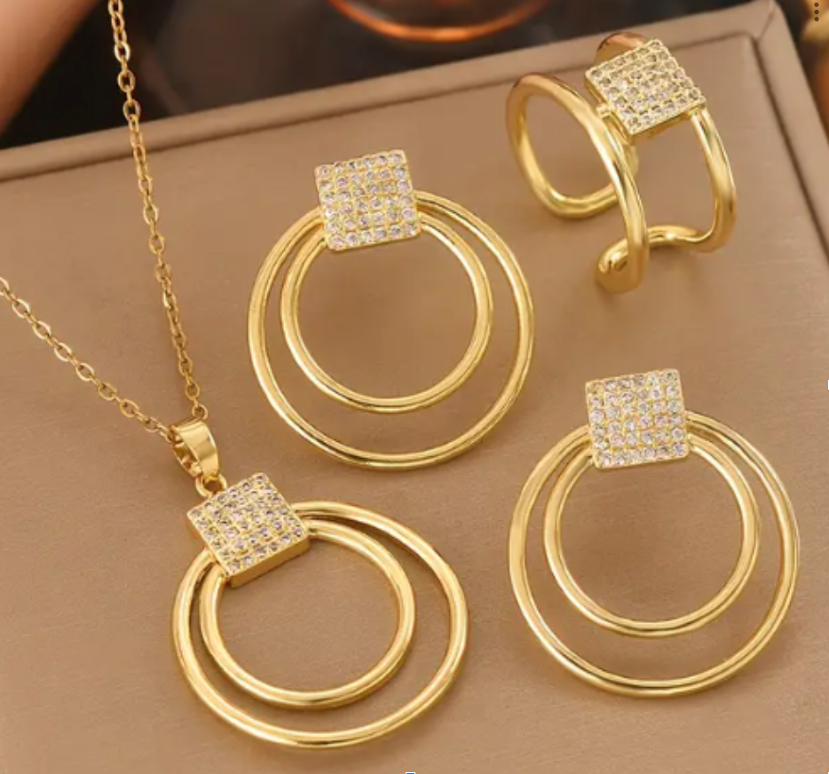 Golden Jewelry Necklace, Earring & Ring Set