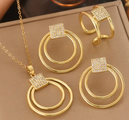 Golden Jewelry Necklace, Earring & Ring Set