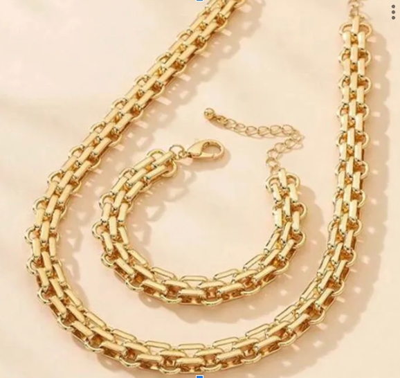 2 PCS Set Gold Color Link Chain Necklace Bracelet Set
