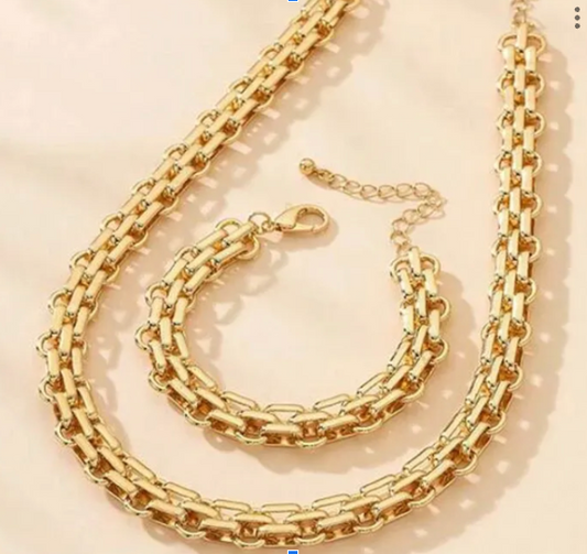 2 PCS Set Gold Color Link Chain Necklace Bracelet Set
