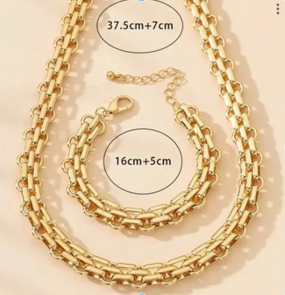 2 PCS Set Gold Color Link Chain Necklace Bracelet Set