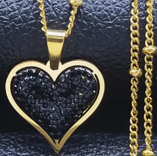 18K Golden Plated Heart Pendant Necklace with BLACK Rhinestone Accents