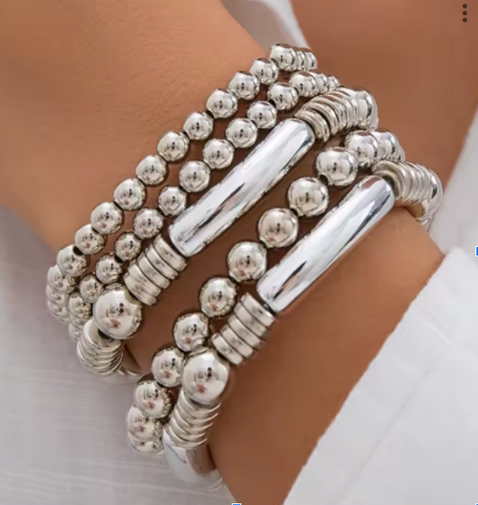 5Pcs/Set Punk Vintage Silver Color Round Beads Bracelets
