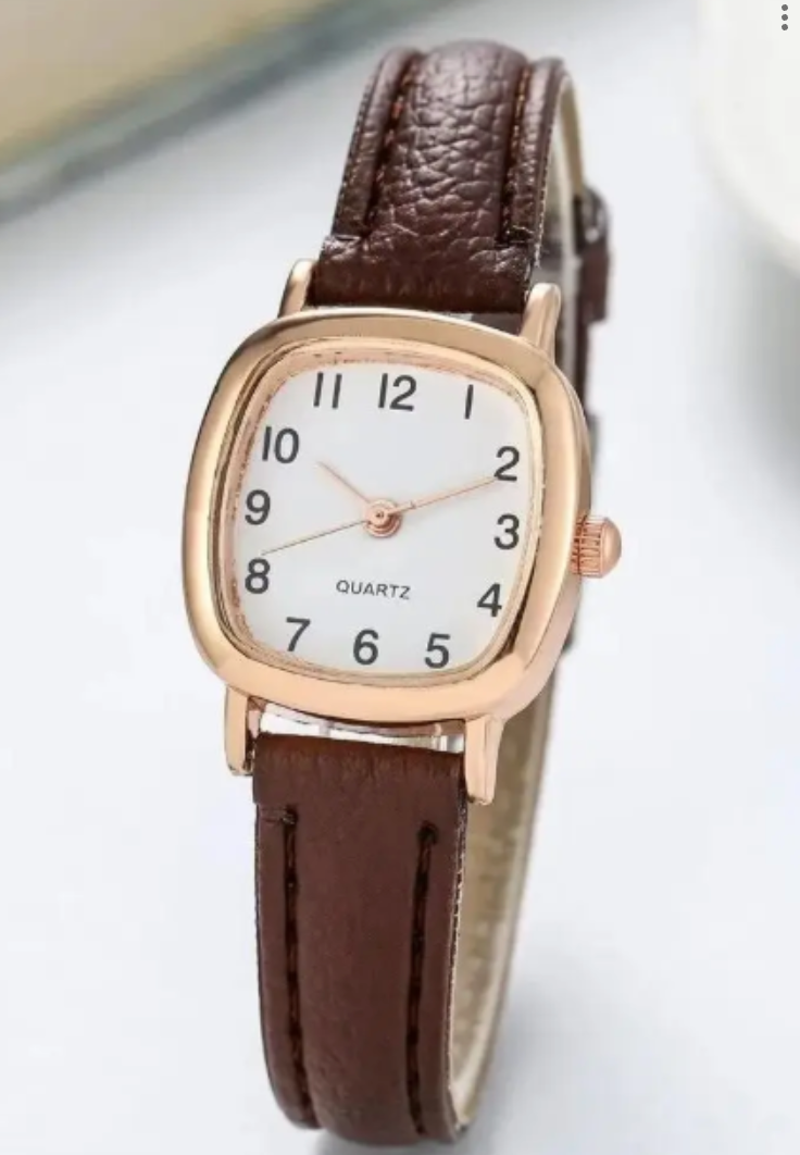 Square Women Simple Small Dial Student Watches Vintage Belt Quartz Wristwatch Brown